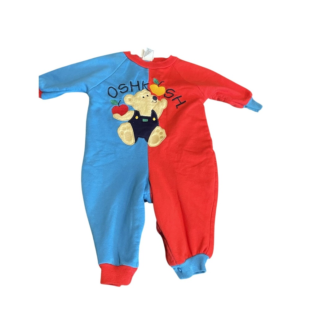 OshKosh B'gosh Romper Baby 6-9M Blue Red Colorblock Bear Vintage USA Made
